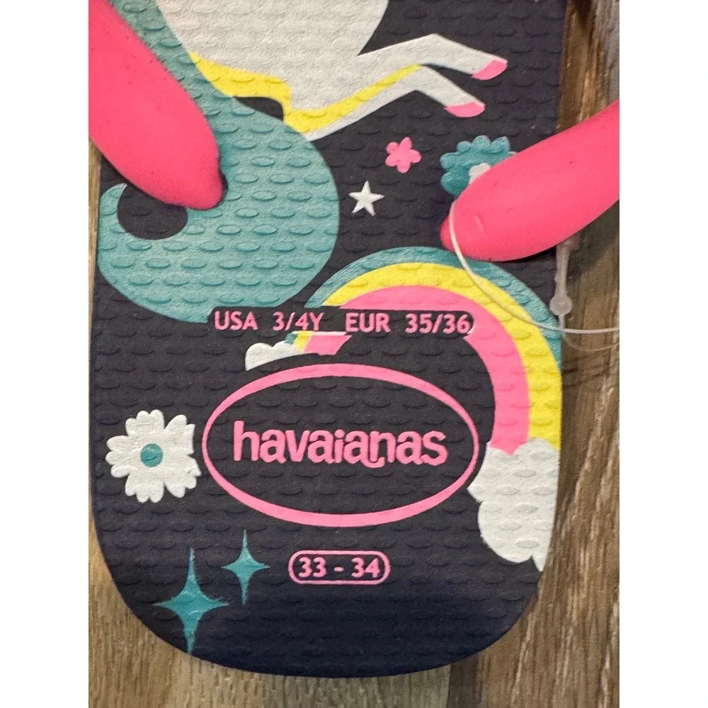 Havaianas Kids Fantasy Unicorn‎ Rainbow Flip Flop Sandals Navy Pink 3/4Y New